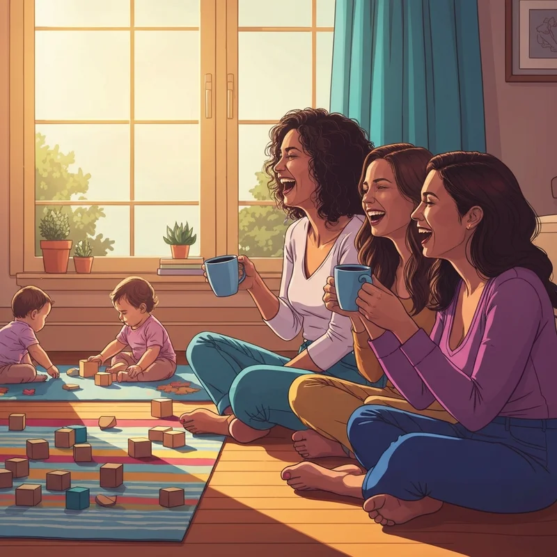 A group of friends laughing together while their children play, representing the spirit of happy mothers day wishes to friends.