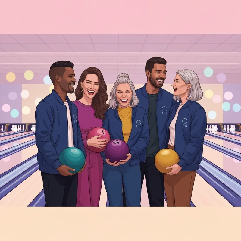 A group of friends at a bowling alley wearing custom team gear inspired by a bowling png friends graphic design.