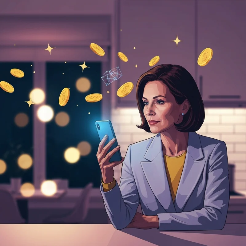 A woman analyzing her investment in premium bonds on her phone at night.