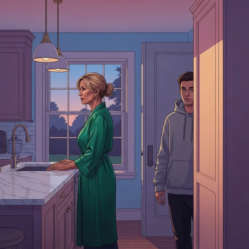 A cinematic scene representing the tension of being seduced by friends mom in a suburban kitchen.