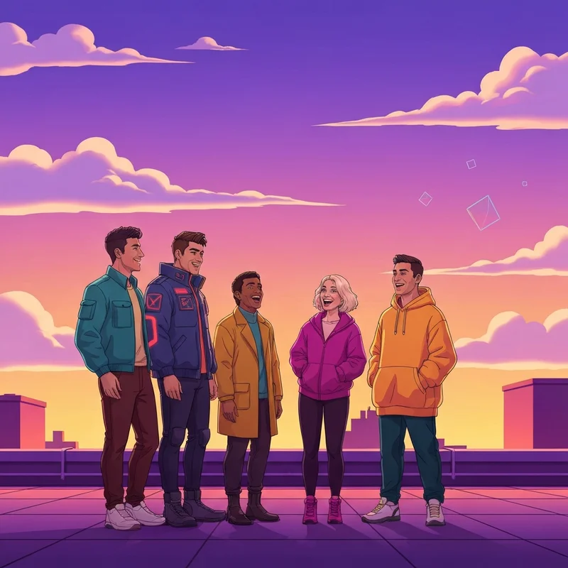 A group of young adults embodying the vibrant energy and loyalty of cartoon and friends in a high-tech city setting.