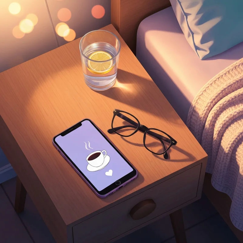 A modern smartphone on a nightstand displaying a stylish good morning friend gif with a coffee theme and warm morning light.