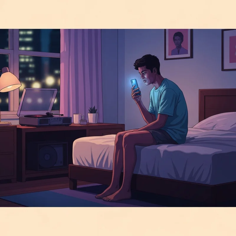 A person reflecting on the best friend rex orange county lyrics in a dimly lit bedroom setting.