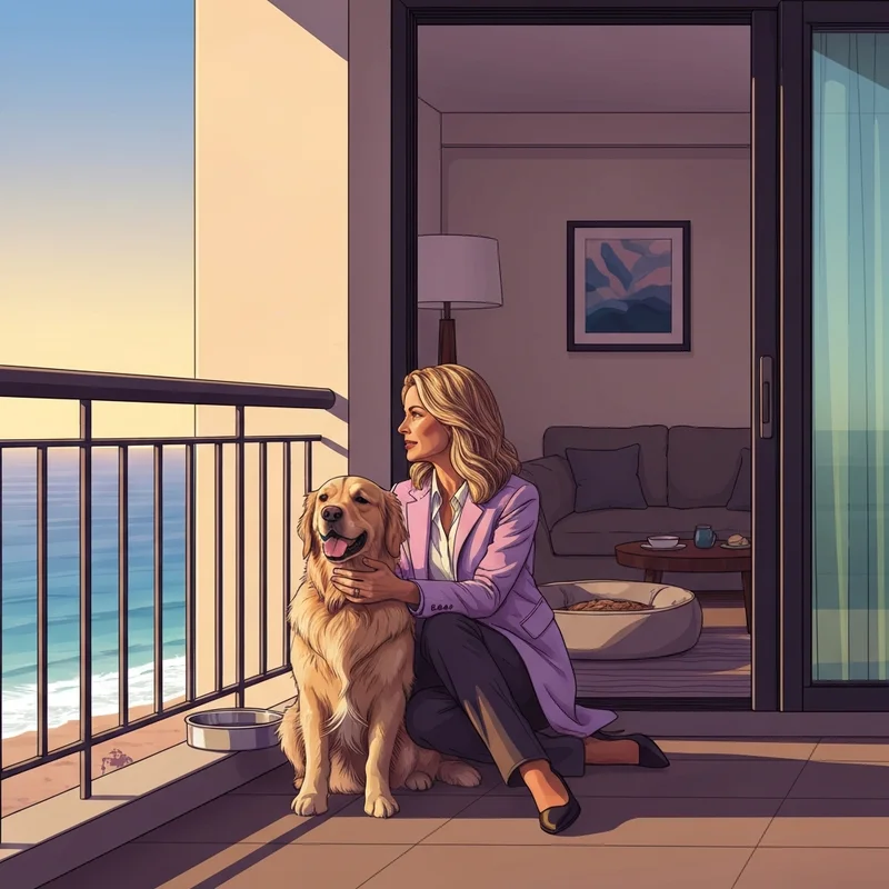 A woman and her dog enjoy the view from one of the ocean city dog friendly hotels at sunrise.
