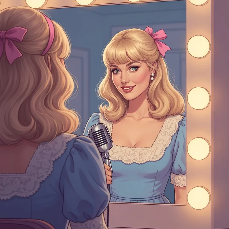 A high-fashion coquette aesthetic portrait inspired by Sabrina Carpenter with feathered bangs and pink ribbons.