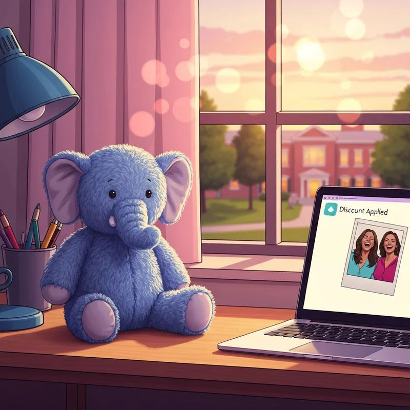 A blue stuffed animal next to a laptop displaying a send a friend discount code success message.
