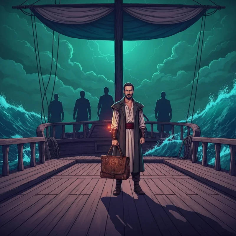 A lone captain holding a glowing bag on a ship, symbolizing the tension in the keep your friends close lyrics from EPIC: The Musical.