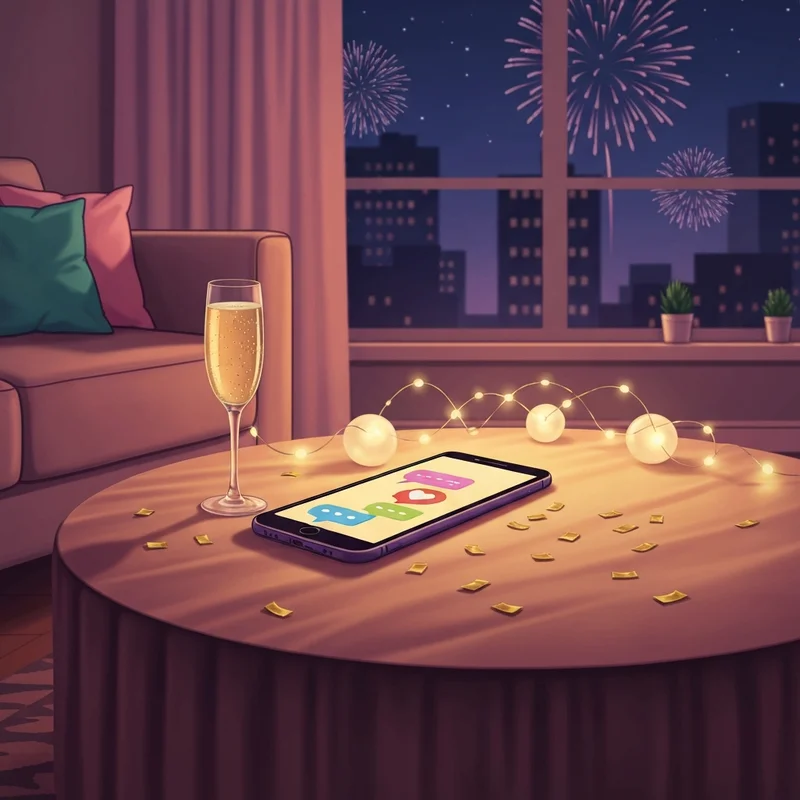 A glowing smartphone on a table with a happy new year message to friends displayed on the screen amidst NYE decorations.