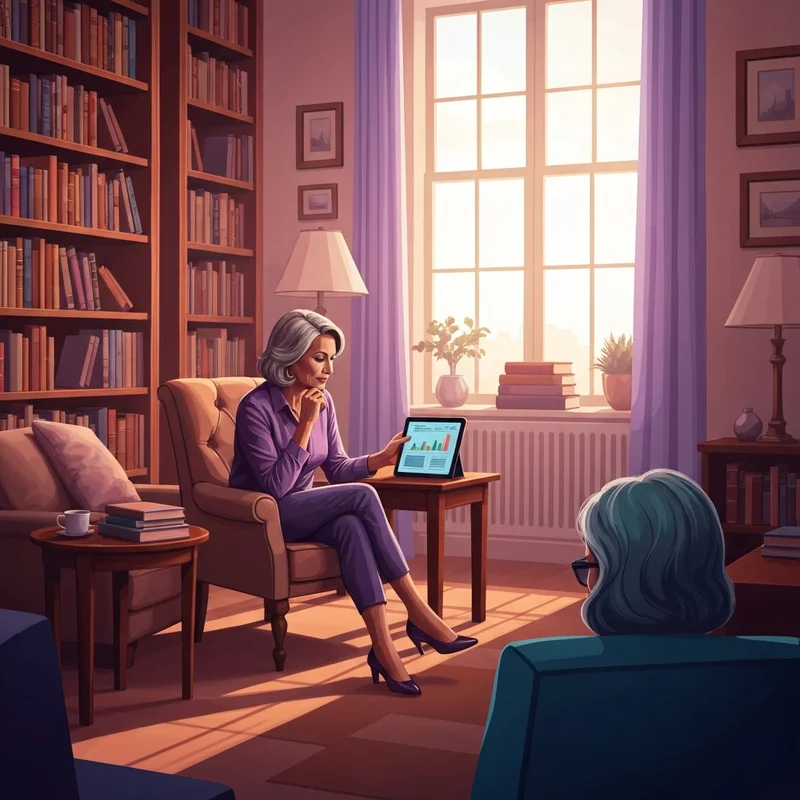 A mature woman analyzing her NS&I savings account in a secure and comfortable home environment.