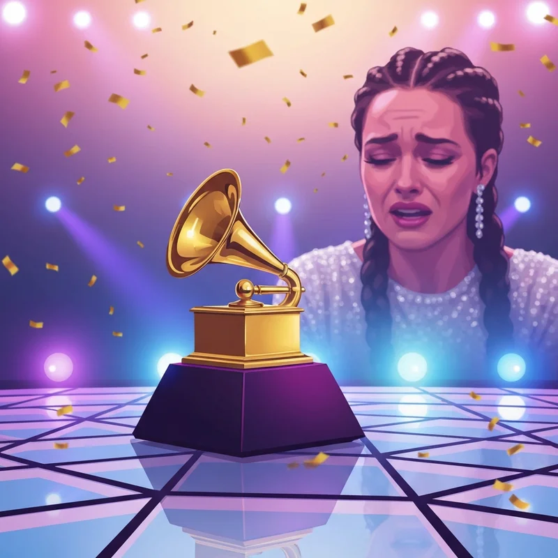 The iconic gold trophy awarded to the grammy winners 2026 on a brightly lit stage.