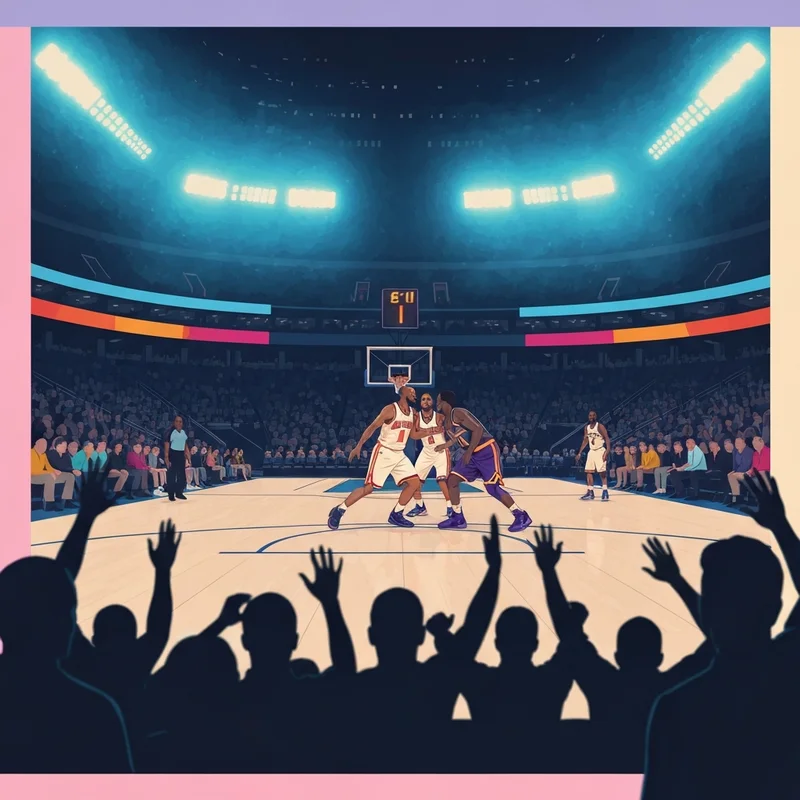 The intense atmosphere of a knicks vs lakers game at Madison Square Garden with blue and orange lighting.