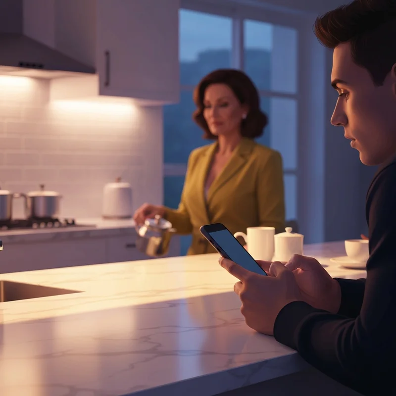 A young man reflecting on the my friend's hot mom porn trope in a modern kitchen setting.