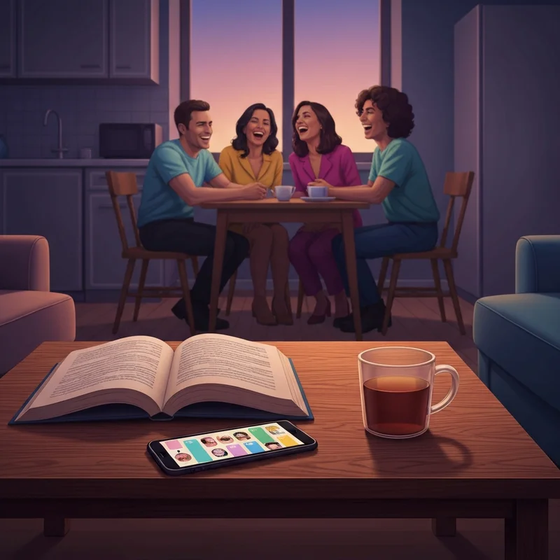 A cozy room with a friends book on the table and a squad of friends in the background.