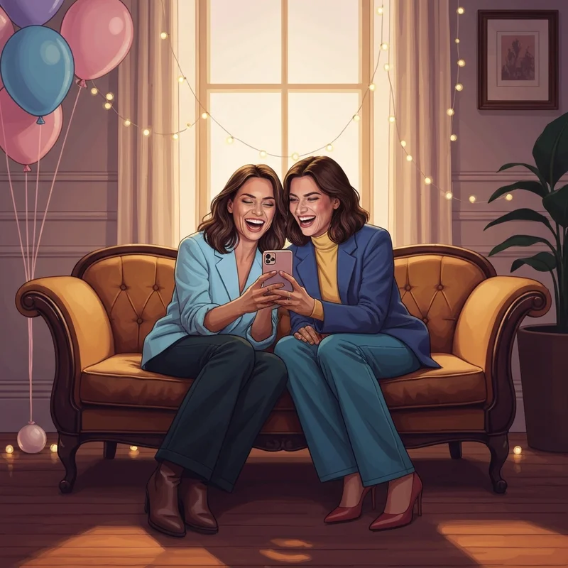 Two best friends laughing while reading birthday wishes for a friend on a smartphone.