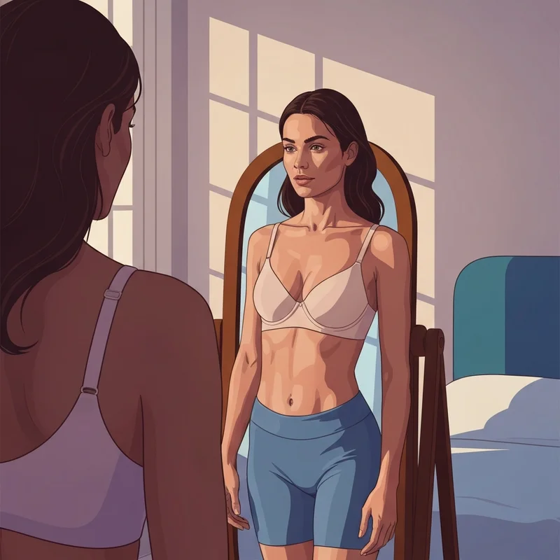 A woman confidently checking the fit of her 32 bra size in a sunlit mirror.