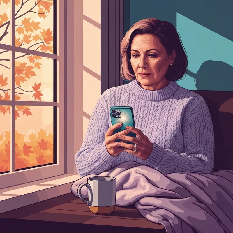 A person writing a thoughtful thanksgiving message to friends on their smartphone in a cozy autumn setting.