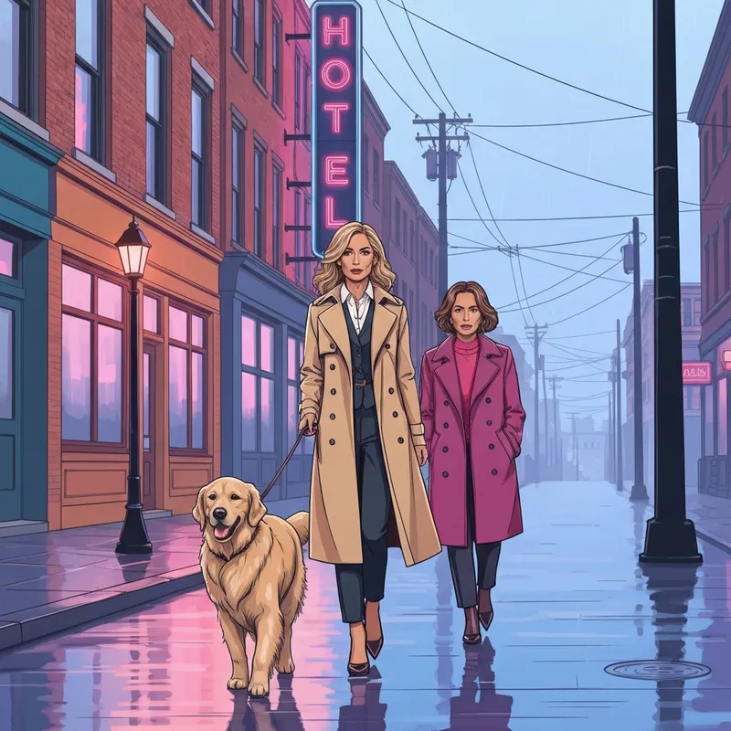 A woman and her dog walking past pet friendly hotels portland oregon in the rain.