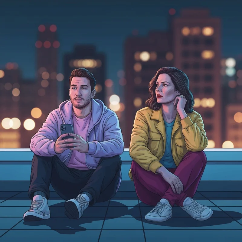 Two young adults navigating the complexities of the friends with benefits sex part on a neon-lit urban rooftop.