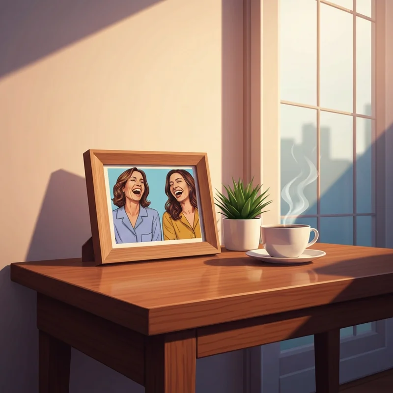 A beautiful wooden friends frame on a side table showcasing a candid photo of best friends laughing together in a sunlit room.