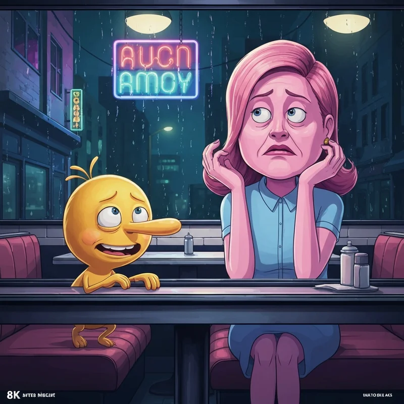 Two iconic characters from the smiling friends meme sitting in a realistic urban diner setting.