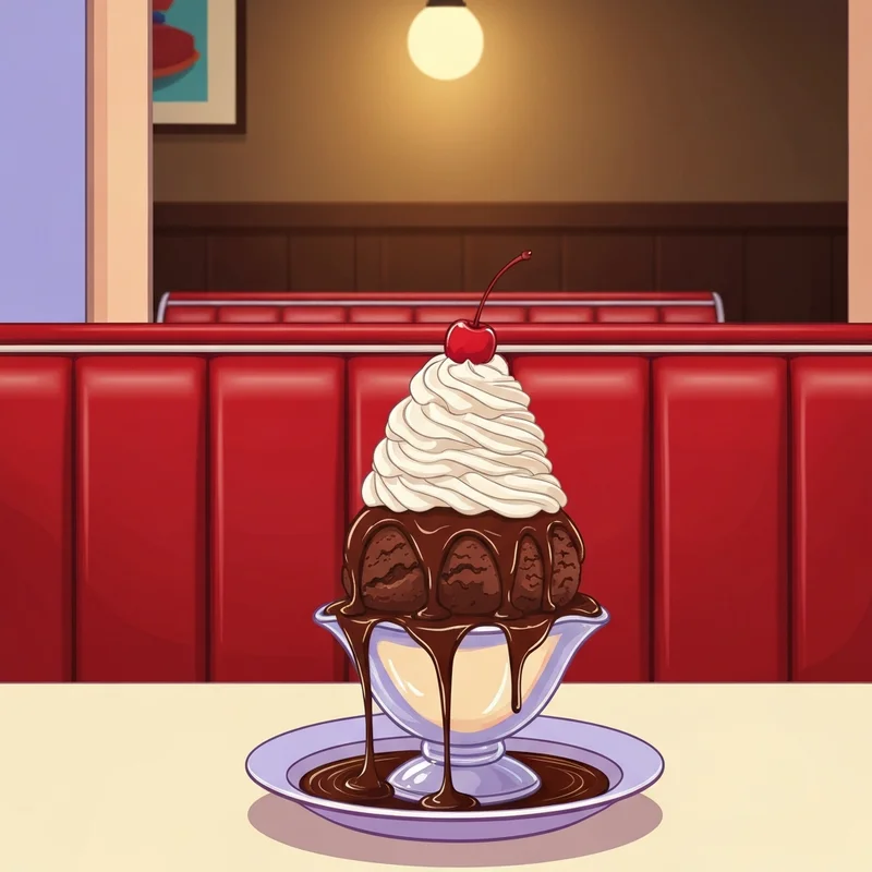 A massive, indulgent chocolate brownie Friendly's sundaes sitting on a diner table.