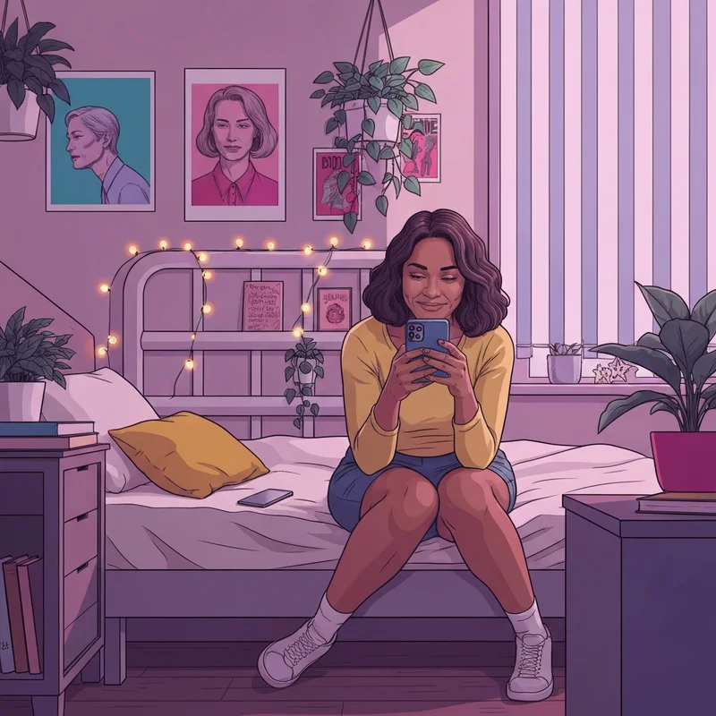 A young woman finding comfort and a new best friend through her digital connection in a cozy room.