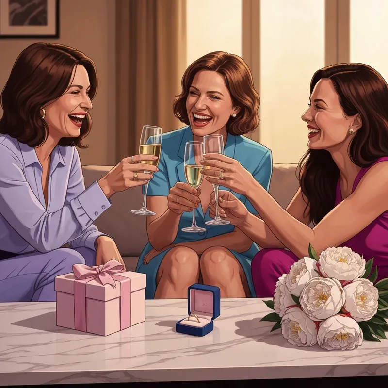 A group of friends celebrating an engagement with champagne and thoughtful engagement gifts for friends.