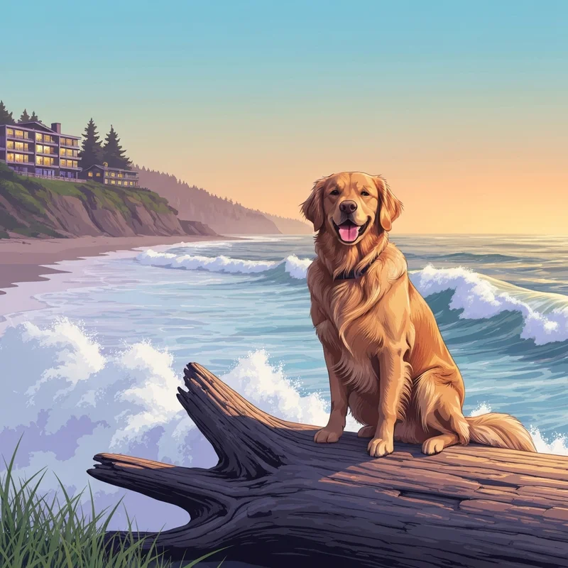 A happy dog sitting on the beach near pet friendly hotels ocean shores wa during a sunset.