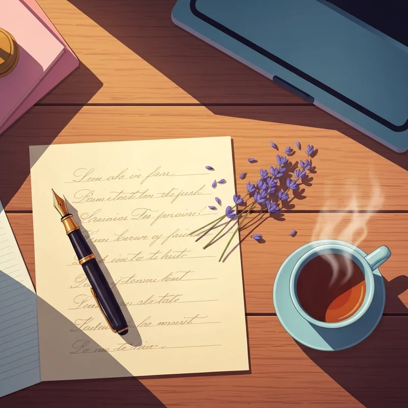 A peaceful workspace showing the traditional format of friend letter being written on aesthetic stationery.