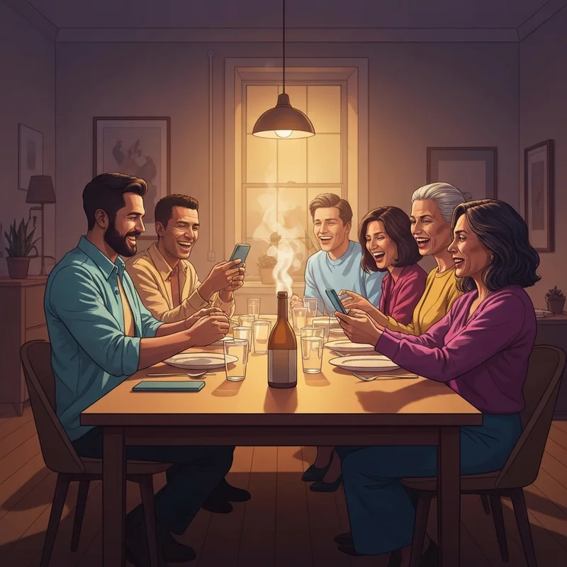 A group of friends celebrating and sending a happy thanksgiving friend message together in a cozy urban setting.