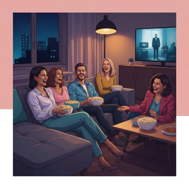 A group of friends enjoying the best movies to watch with friends in a cozy living room.