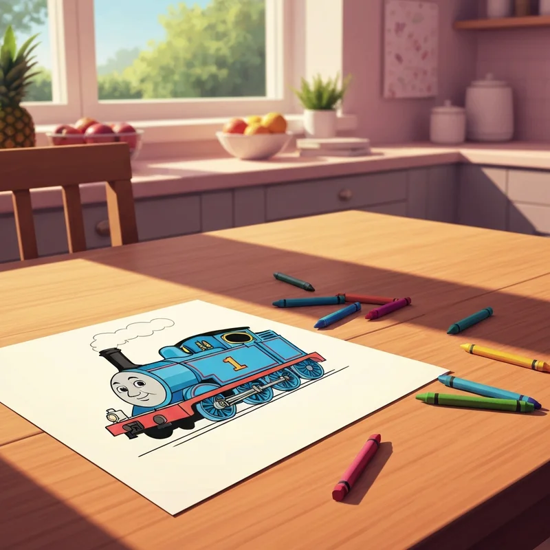 A child's creative station featuring thomas and friends pictures to color with crayons on a sunny wooden table.