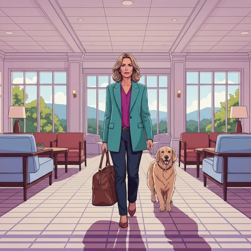 A woman and her dog checking into one of the pet friendly hotels charlottesville va with mountains in the background.