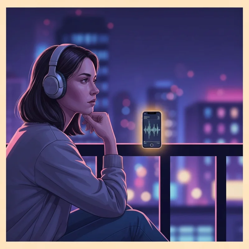 A young woman finding peace while listening to songs about fake friends on a city balcony.