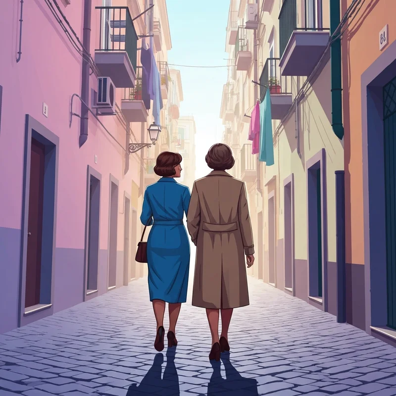 The my brilliant friend cast inspired silhouettes walking through a cinematic Neapolitan neighborhood.