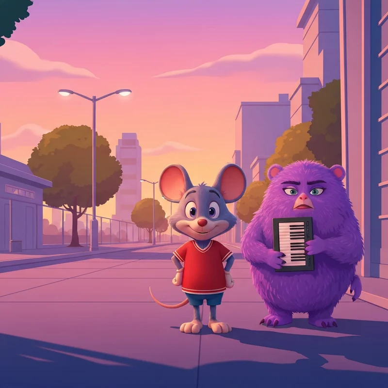 The modern 3D animated versions of the chuck e cheese friends in a colorful city park setting.