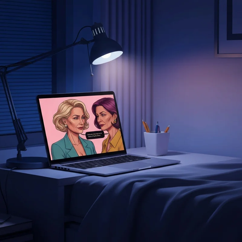 A laptop screen displaying a scene from far off friends f95 in a cozy, dimly lit room.