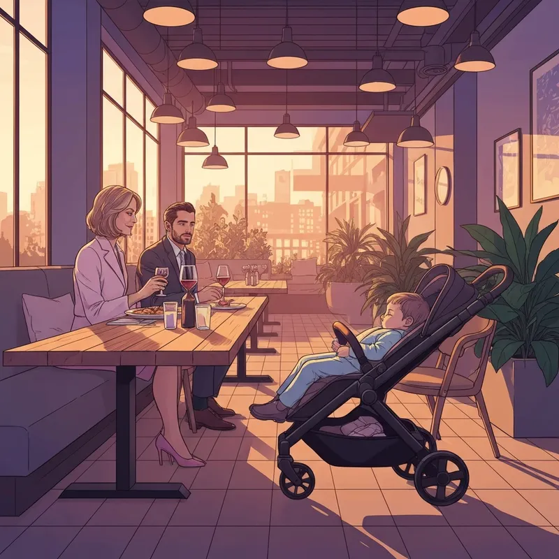 A modern family enjoying a meal at one of the best kids friendly restaurants near me with a stroller-friendly layout.