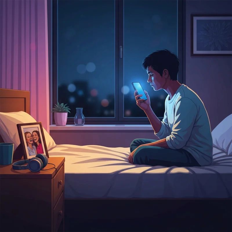 A young person mourning while listening to songs about friends dying in a quiet room.