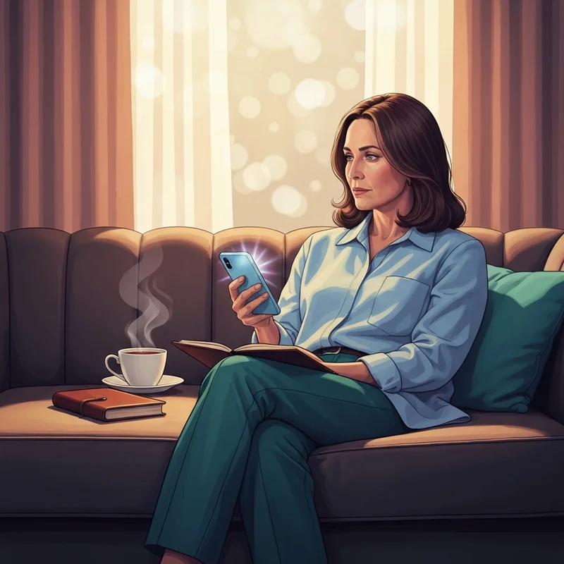 A young woman crafting a heartfelt birthday message for a friend christian on her phone in a cozy, sunlit room.