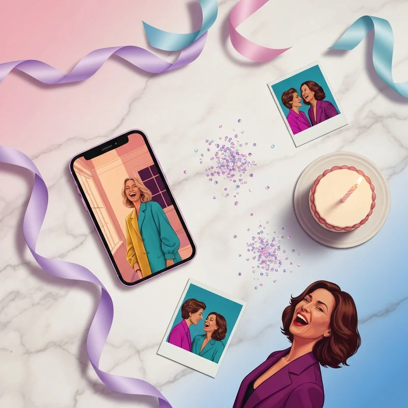 A stylish and aesthetic flat-lay showcasing happy birthday to my friend pictures on a smartphone surrounded by birthday decor.