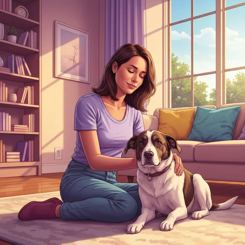 A young woman bonding with her rescue dog from faithful friends in delaware in a cozy Wilmington home.