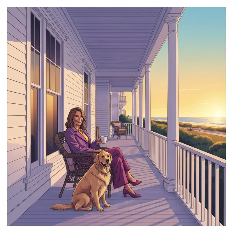 A woman and her pet enjoying a vacation at one of the cape may dog friendly hotels during sunset.