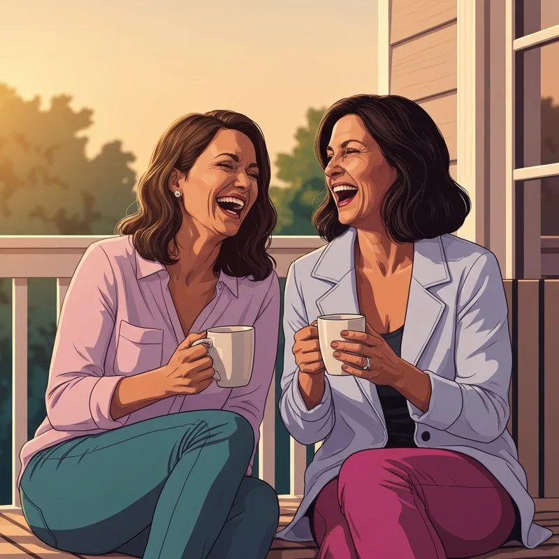 Two best friends laughing together on a porch, representing the support found in a happy mothers day friend connection.