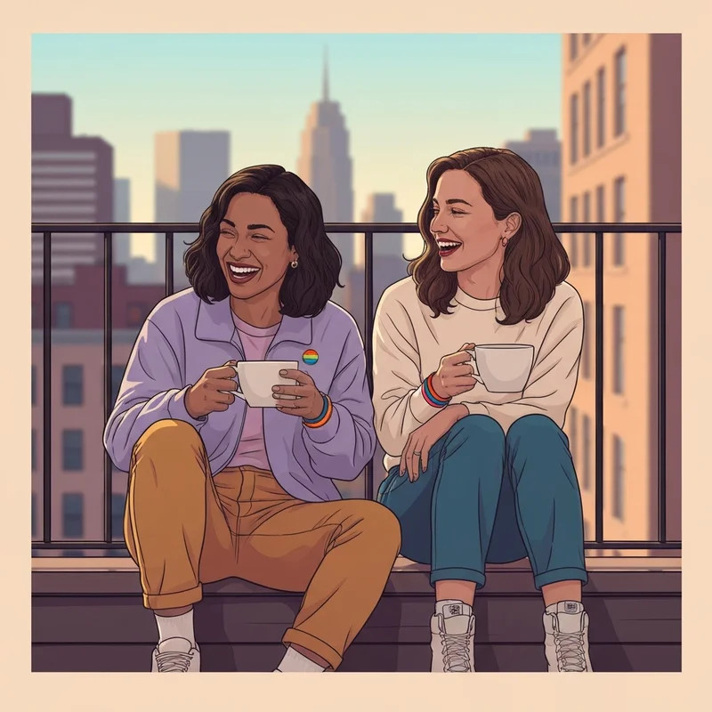 Two young women sharing a laugh on a city fire escape, illustrating the joy of finding a lesbian friend and building a found family.