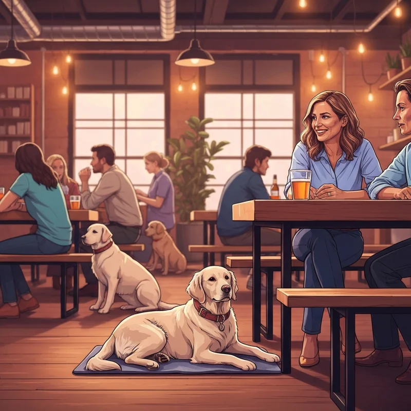 A group of people enjoying drinks at dog friendly bars with their well-behaved pets in a trendy urban setting.