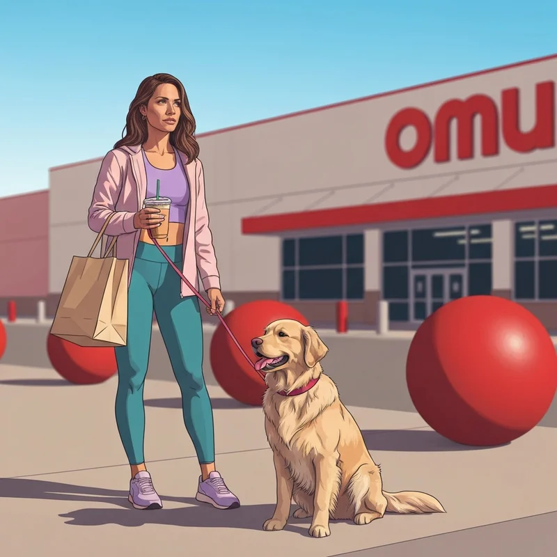 A woman and her dog standing outside a store wondering is target dog friendly.