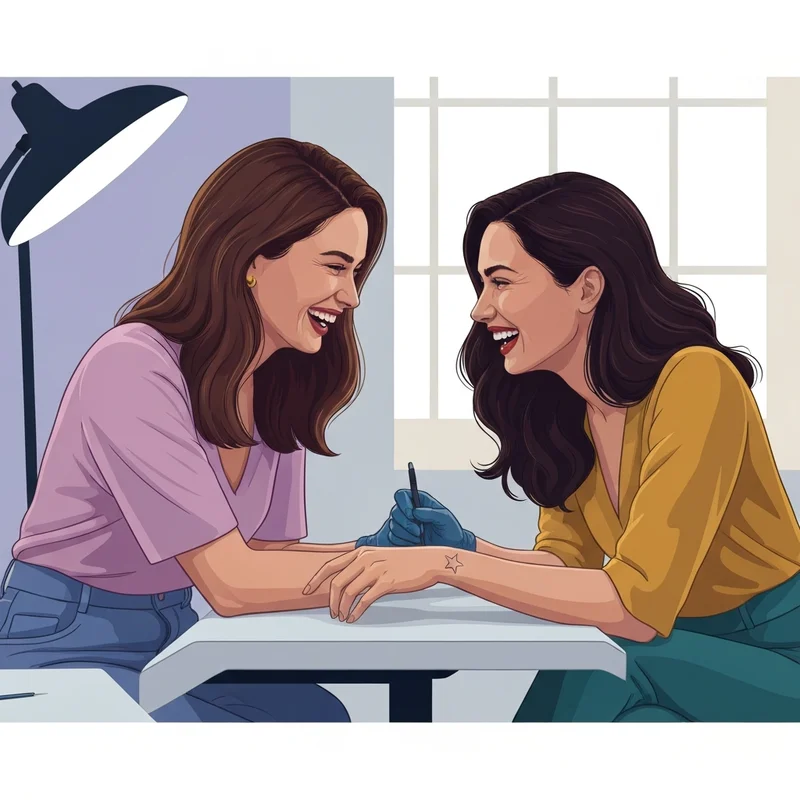 Two young women getting matching best friend tattoos for females in a minimalist studio.