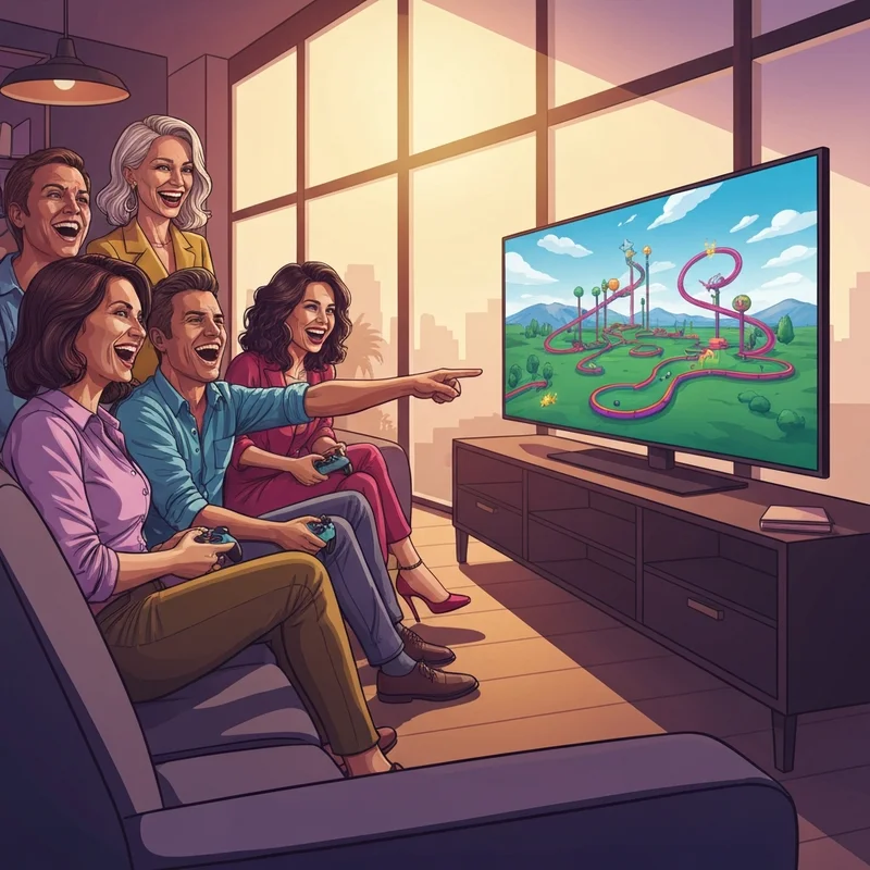 A group of friends laughing while playing a game and wondering is golf with your friends crossplay.