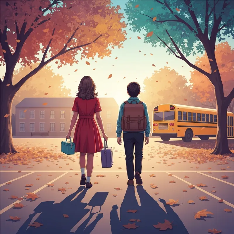 Two young friends walking together at school, illustrating the nostalgic themes of the we're going to be friends lyrics.